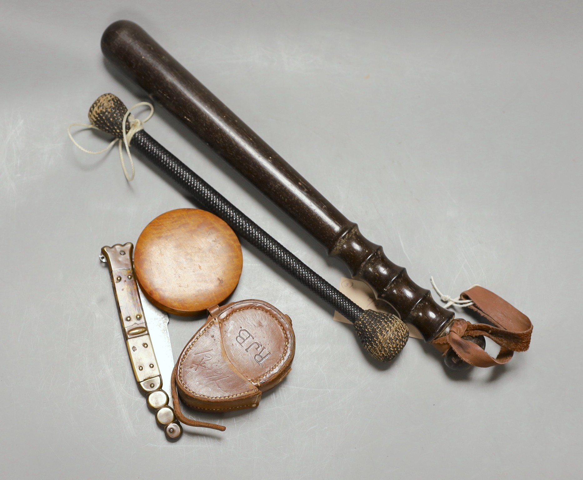 Cosh, WWI cased compass, truncheon and two other items